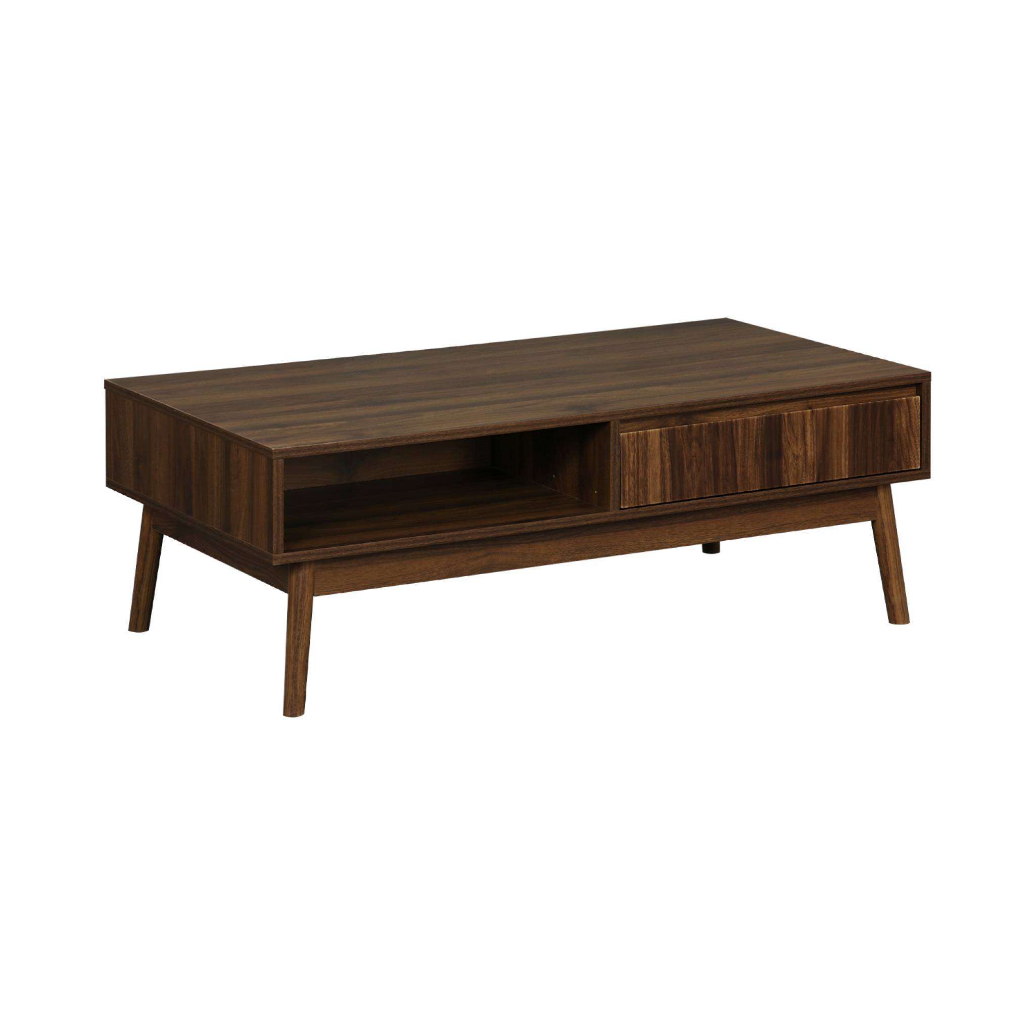 Table basse couleur teinté noyer. Linear. décor bois rainuré.  pieds compas. 2 niches. 1 tiroir.  L 110 x l 59 x H 39cm