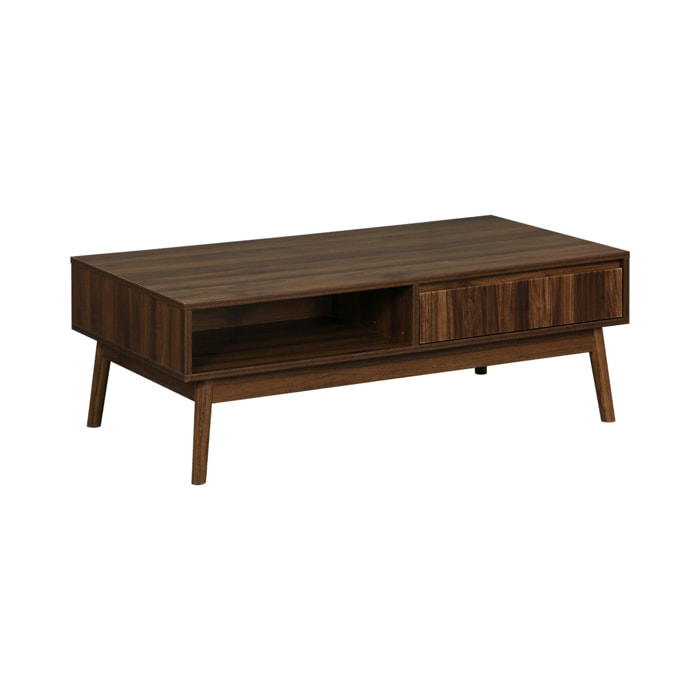 Table basse couleur teinté noyer. Linear. décor bois rainuré.  pieds compas. 2 niches. 1 tiroir.  L 110 x l 59 x H 39cm