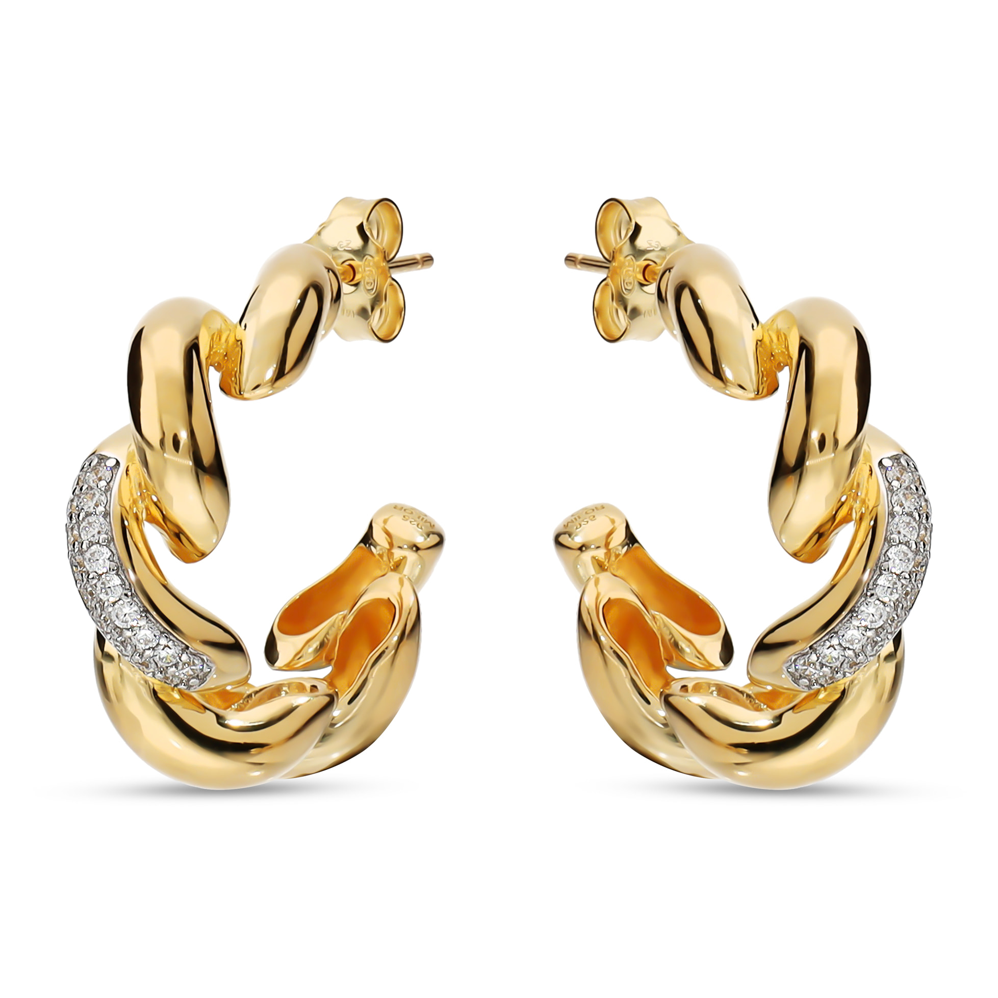 Orecchini Maglia San Marco in Argento 925 placcato Oro Giallo 18Kt con Pavé di Cubic Zirconia