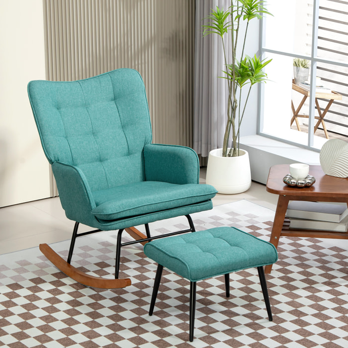 Silla Mecedora con Reposapiés, Sillón de Relax, con Cojín Acolchado, Respaldo Alto, Reposabrazos y Patas de Madera, Carga 130 kg, para Salón, Dormitorio, Verde Azulado