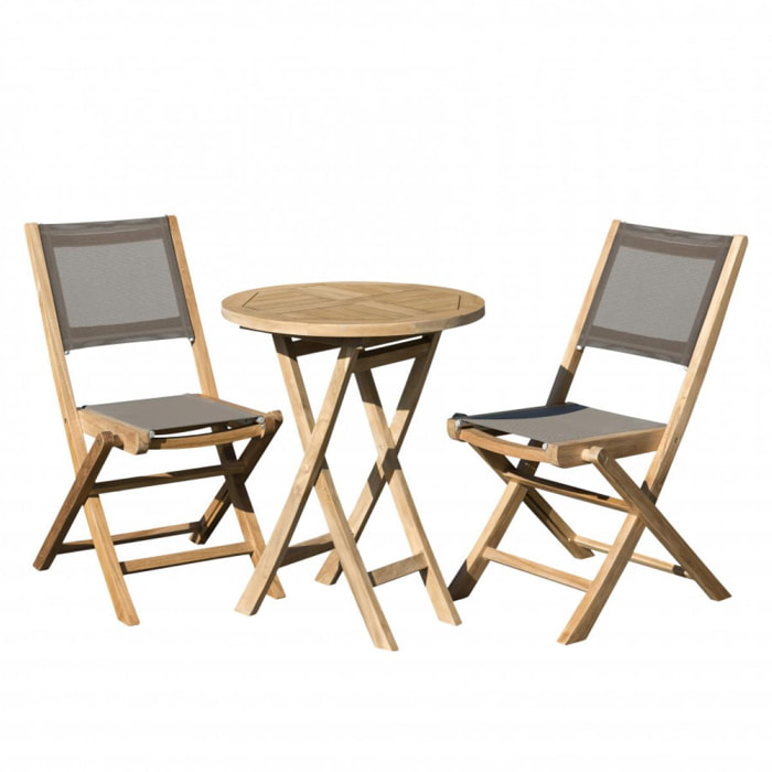 HARRIS - SALON DE JARDIN EN BOIS TECK 2 pers - 1 Table ronde pliante 60 cm et 2 chaises textilène couleur taupe