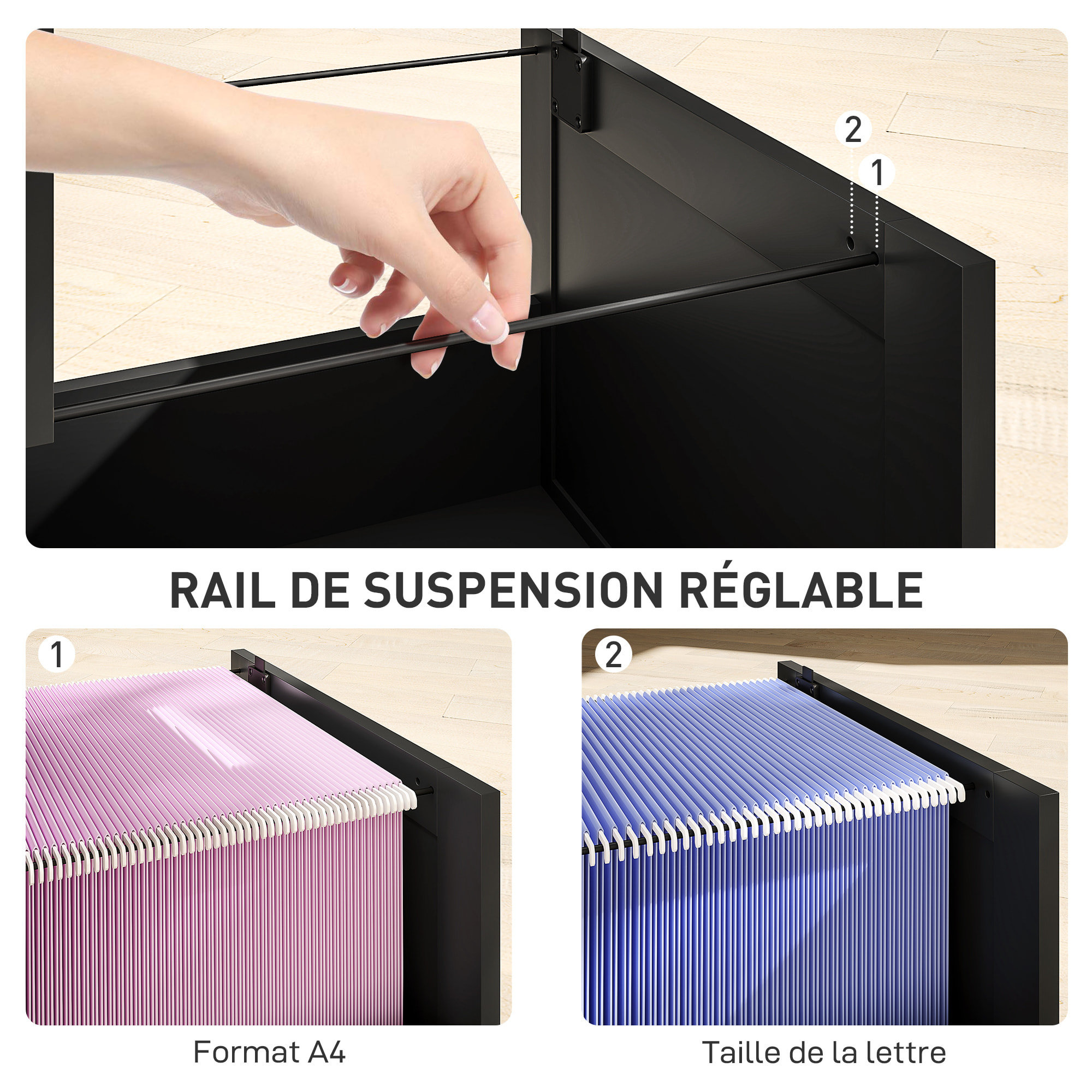 Caisson bureau 2 tiroirs verrouillables dossiers suspendus dim. 40x40x71cm MDF noir