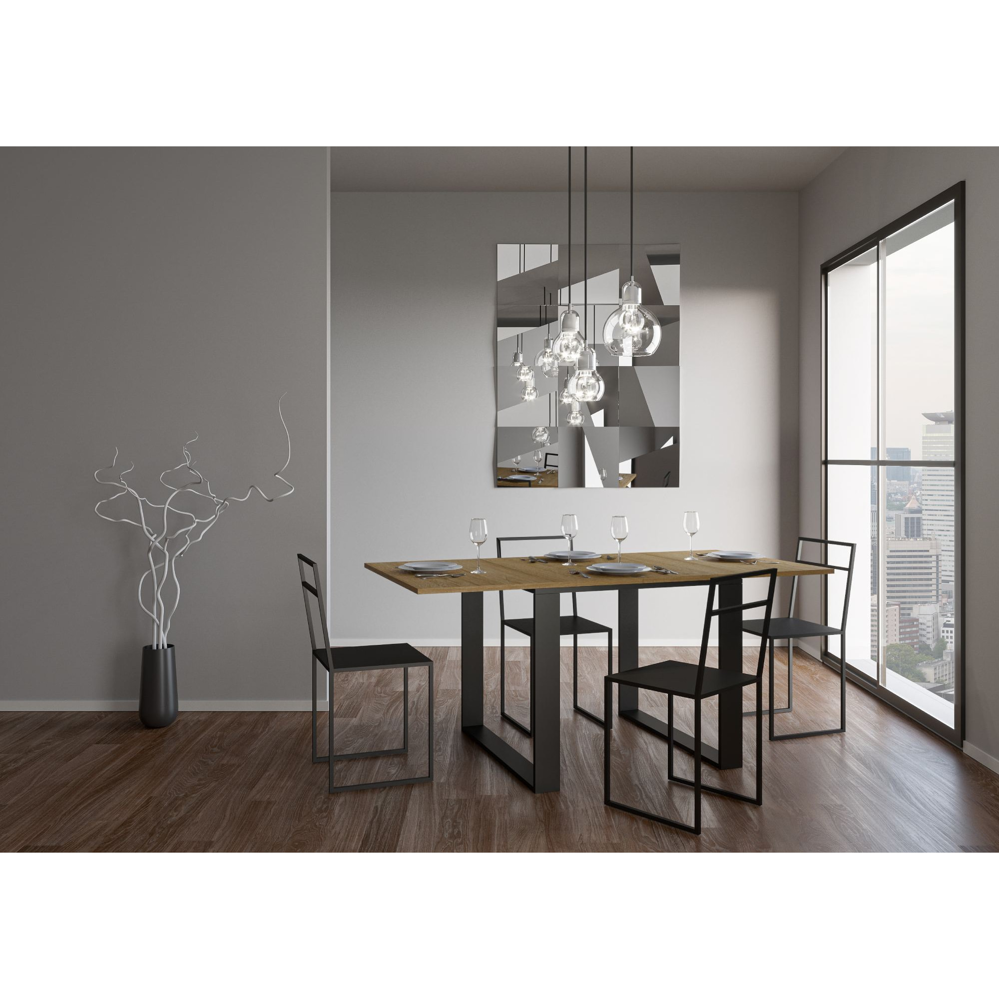 Table extensible portefeuille 90x90/180 cm Tecno Libra Chêne Nature cadre Anthracite