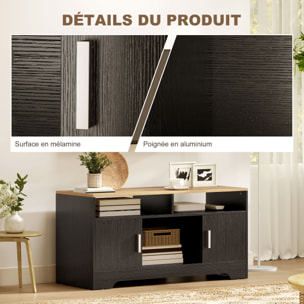 Meuble TV banc TV compact 2 portes 3 niches dim. 105 x 40 x 52 cm effet bois clair noir