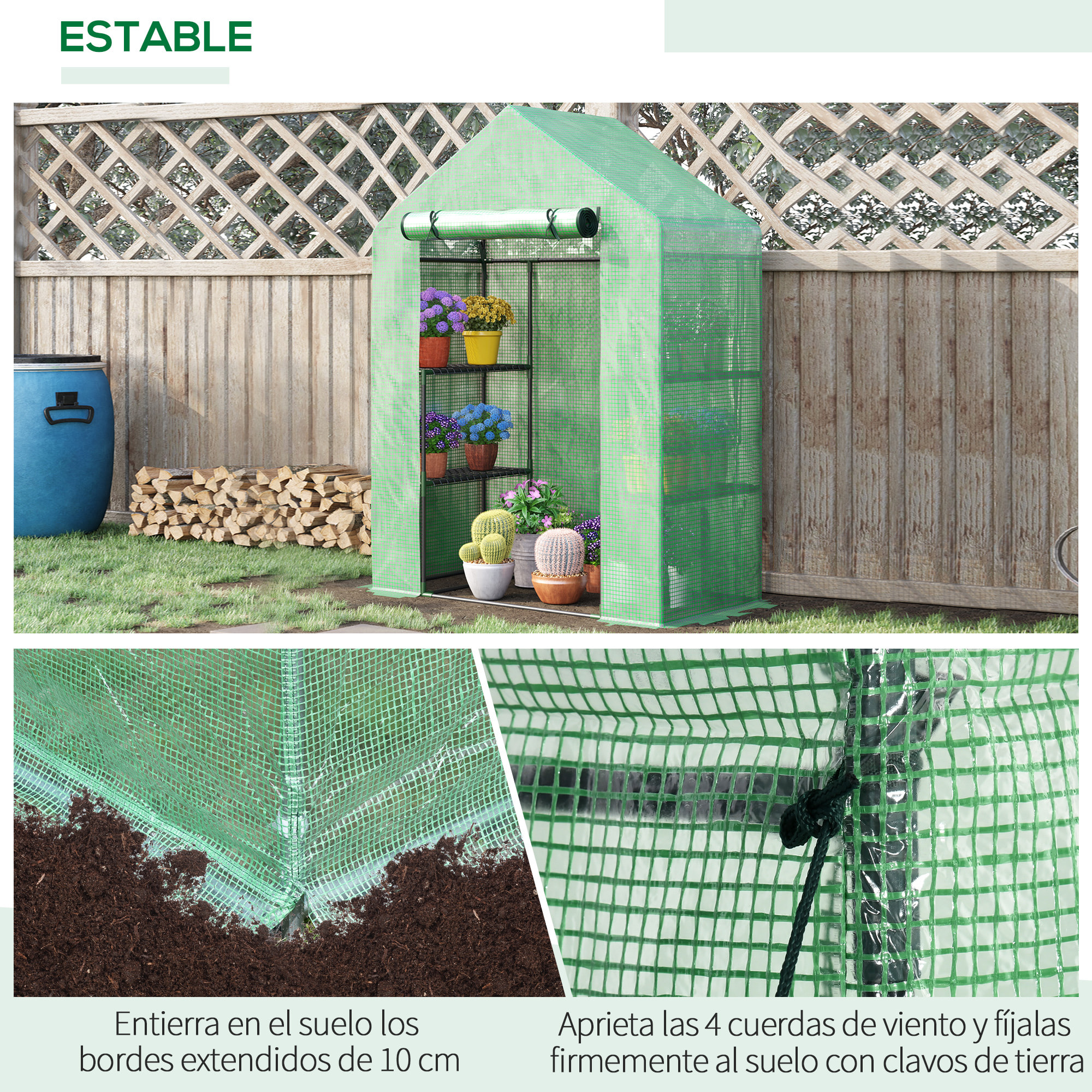 Invernadero de Jardín 141x72x191 cm Vivero Casero con 4 Estantes Puerta Enrollable Cubierta de PE 140g/m² y Marco de Acero para Cultivos Plantas Macetas Flores Verde