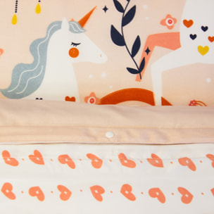 Parure de lit enfant licorne avec poche pour doudou - Rose