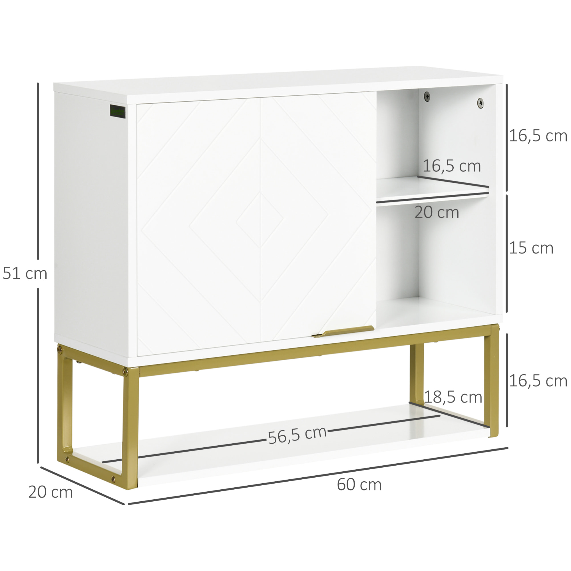 Armoire murale de salle de bain - porte, 2 étagères, 2 niches - acier doré MDF blanc