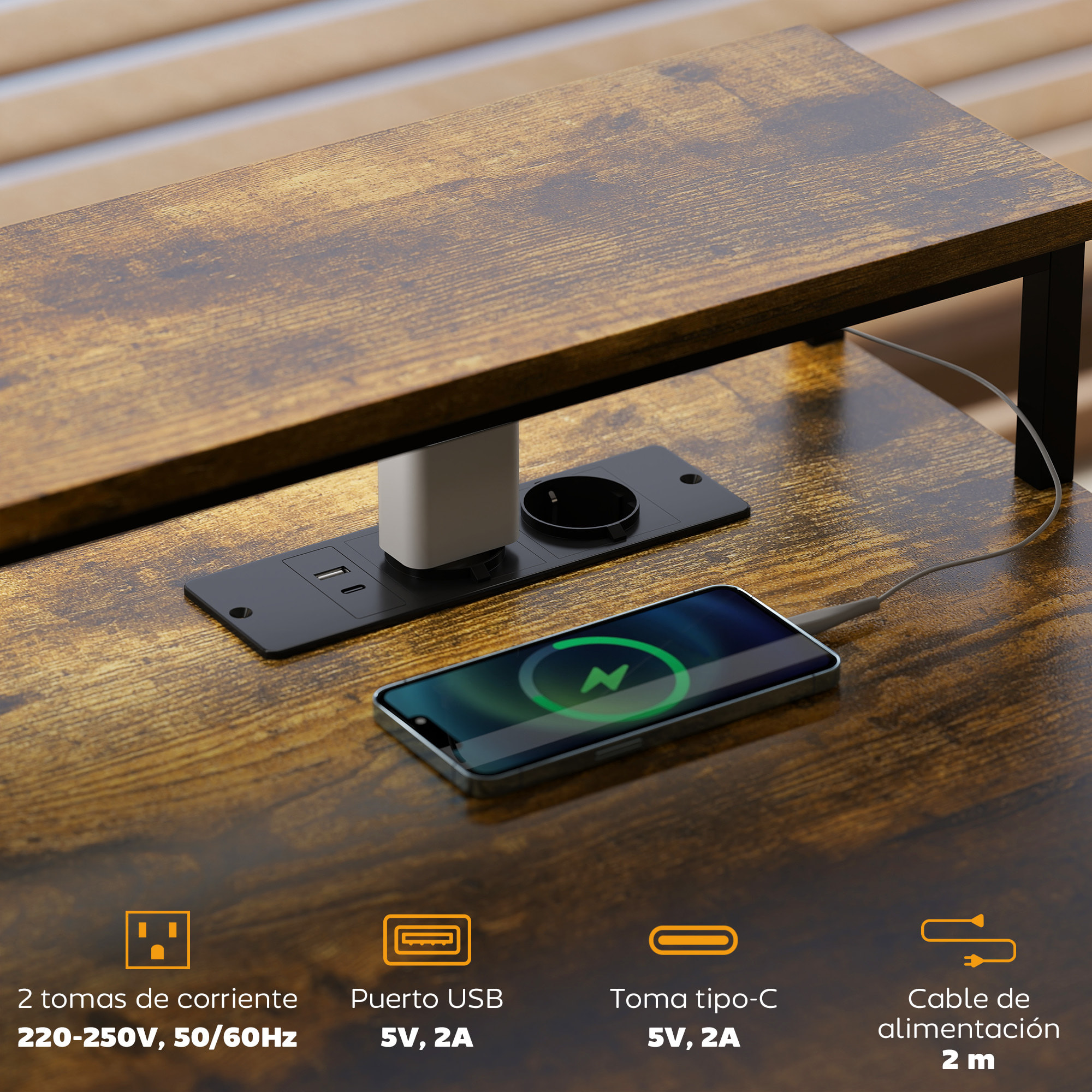 Escritorio Esquinero con Luces LED Escritorio en Forma de L con Estación de Carga 2 Compartimentos 2 Cajones de Tela Soporte para Monitor para Oficina en Casa Marrón Rústico