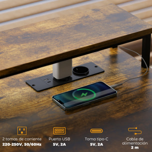 Escritorio Esquinero con Luces LED Escritorio en Forma de L con Estación de Carga 2 Compartimentos 2 Cajones de Tela Soporte para Monitor para Oficina en Casa Marrón Rústico