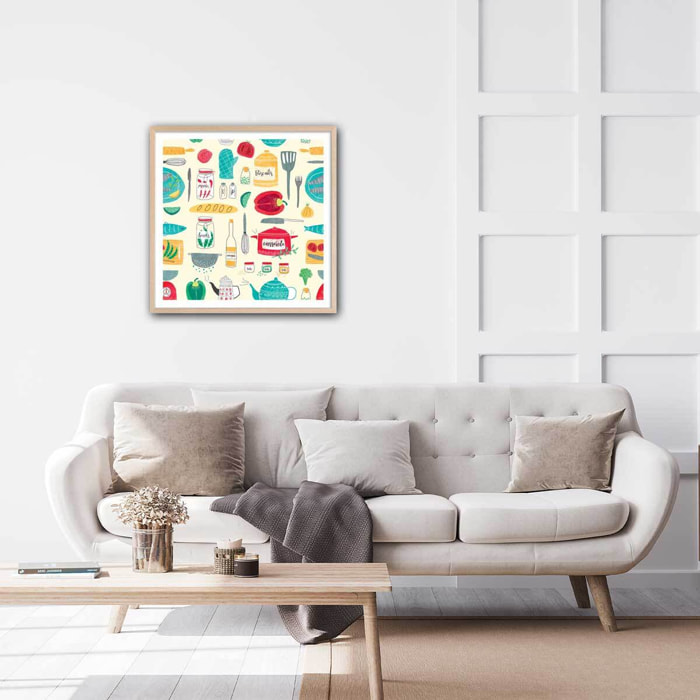 Affiche cuisine set de vaisselle Affiche + cadre en bois - Chêne