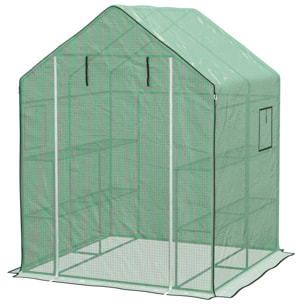 Serre de jardin 4 tablettes dim. 1,4L x 1,43l x 1,9H m porte déroulante fenêtre acier PE haute densité vert