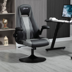 Fauteuil gaming base ronde métal pivotante 360° hauteur réglable fonction dossier bascule accoudoirs relevables PU gris noir