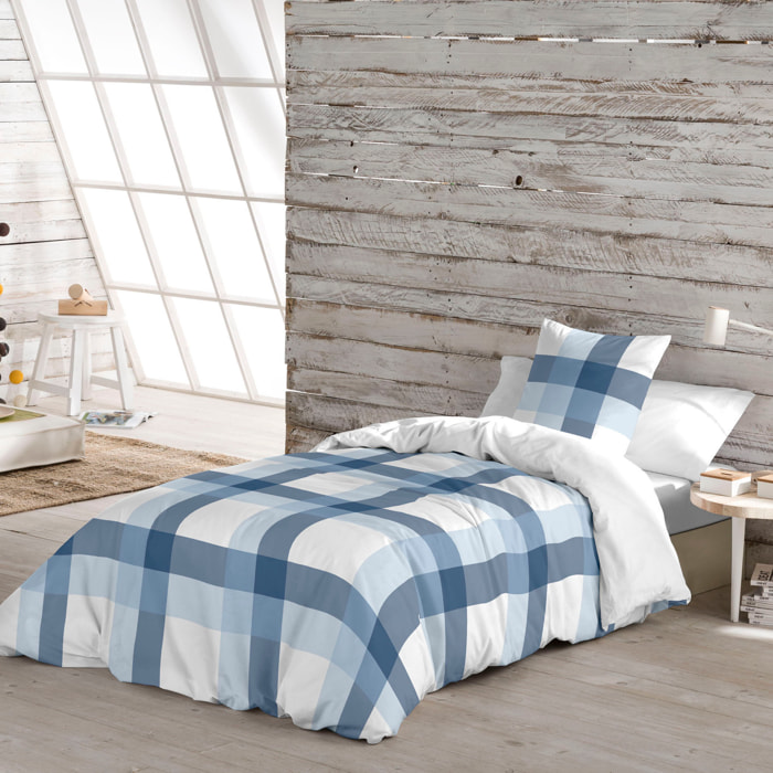 Funda Nórdica Estampada - Cierre Solapa - 100% Algodón - Incluye 1/2 Fundas de Almohada - Escocés Azul