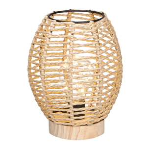 Lámpara de sobremesa ovalada de cuerda con base de madera.