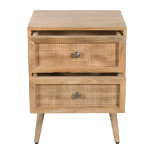 Table de chevet 2 tiroirs en cannage et bois de manguier - Cody