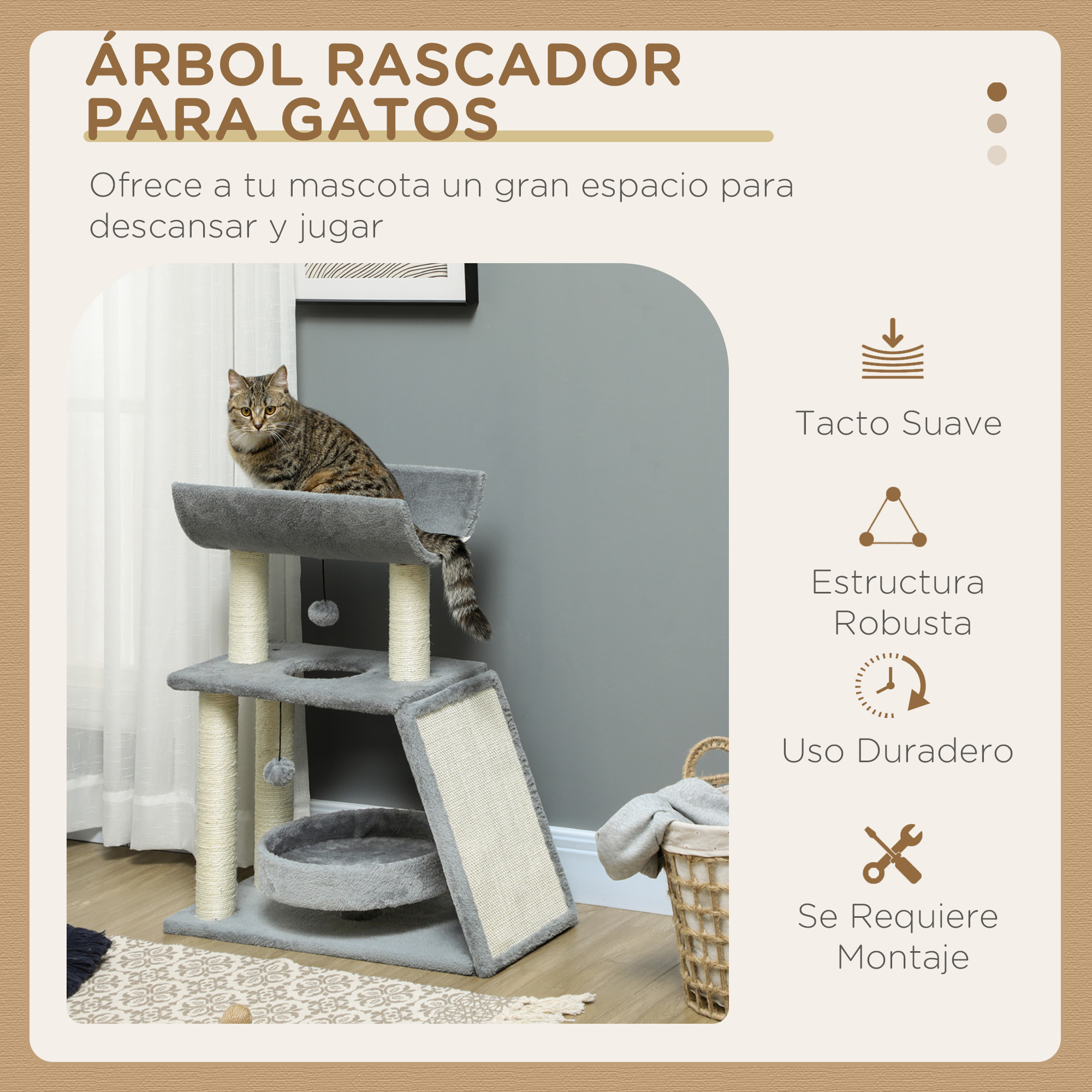 Rascador para Gatos Árbol para Gatos Altura 76 cm con 4 Postes Rascadores Nido Plataforma en U Almohadilla para Rascar Bolas Colgantes Gris Claro