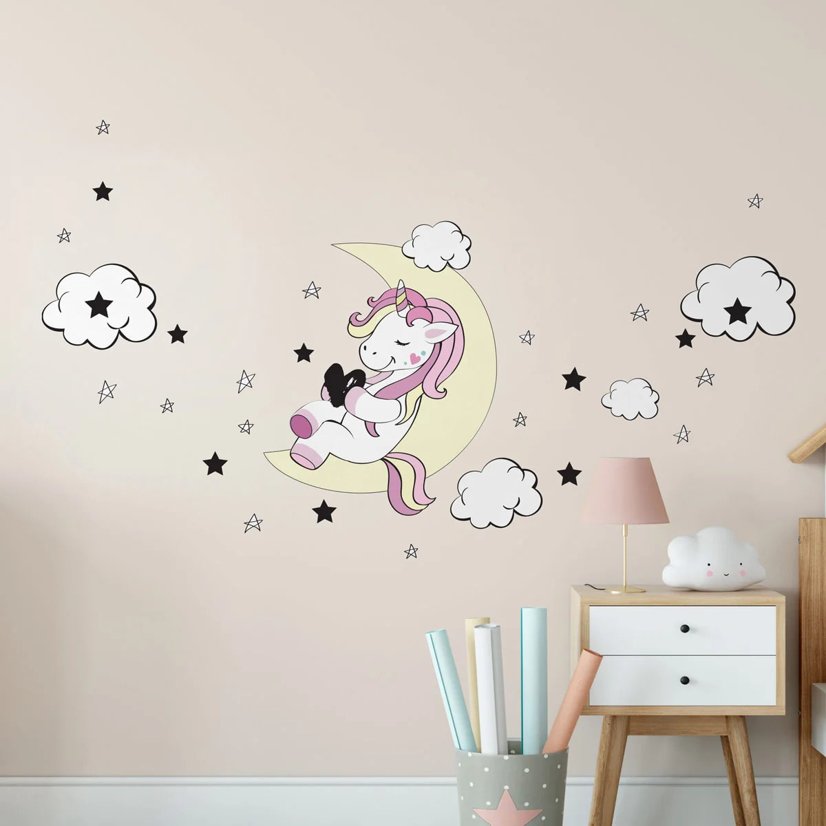 Sticker mural - Ambiance Sticker - LICORNE AMI DE LA LUNE ET DES ÉTOILES - 135x90cm
