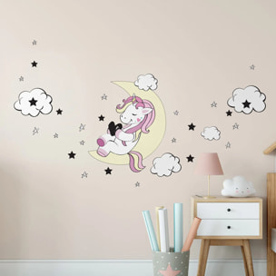 Sticker mural - Ambiance Sticker - LICORNE AMI DE LA LUNE ET DES ÉTOILES - 135x90cm