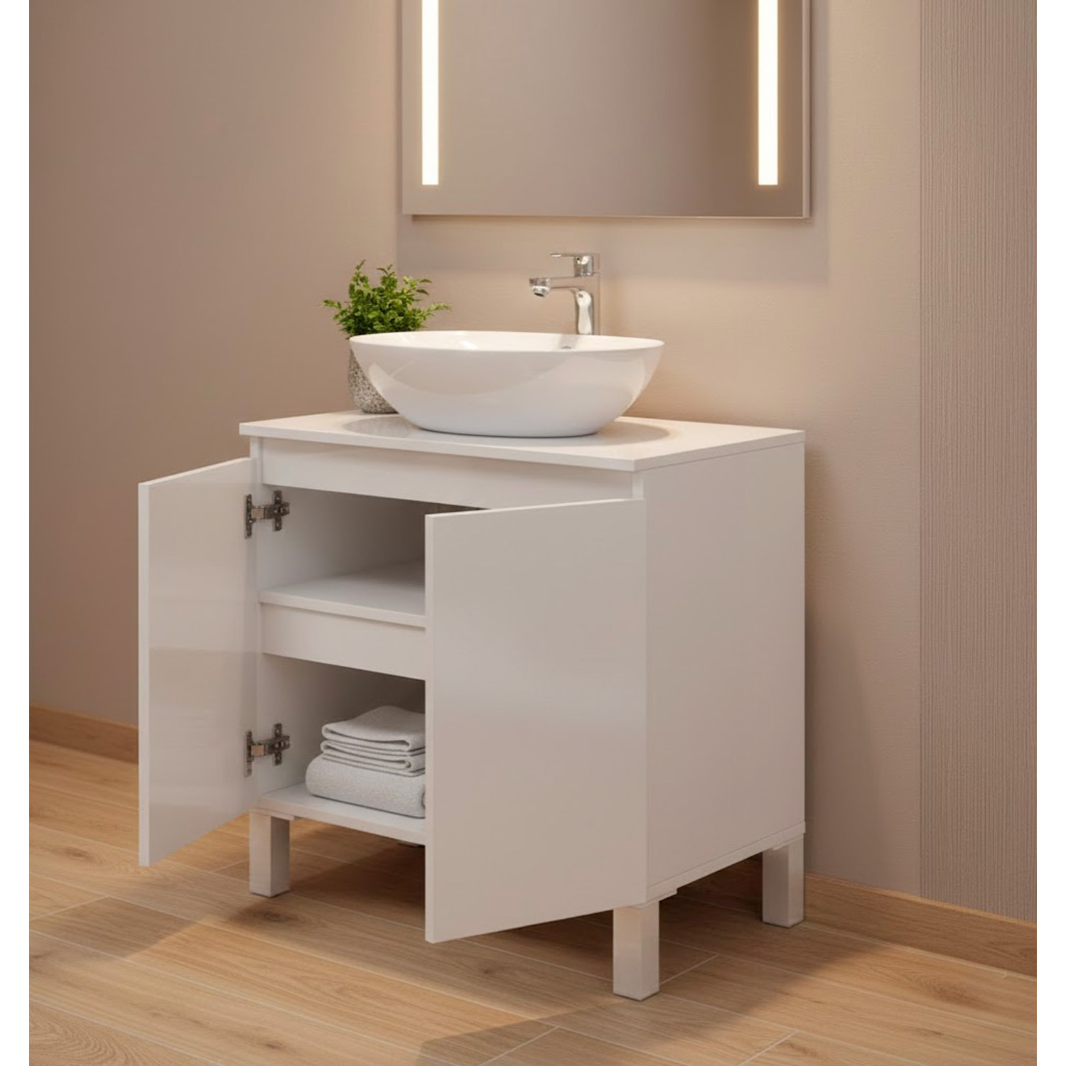 Mobile Bagno Sotto Al Lavabo Da Appoggio Con 2 Ante E Mensola Interna Salvaspazio Moderno Per lavabi Con Colonna  60 x 40 x 63.5 Cm Bianco Lucido