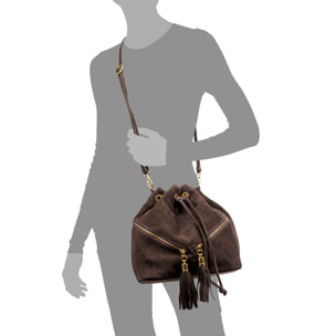 Arzene bolso bandolera piel auténtica gamuza. Diseño fruncido y borlas en el frontal