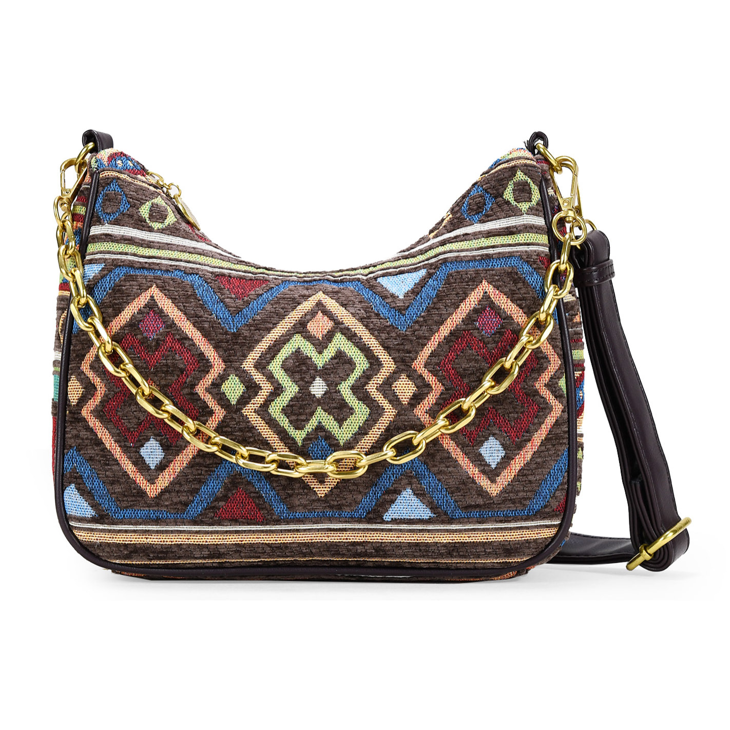 Bolso de hombro marrón con estampado jacquard