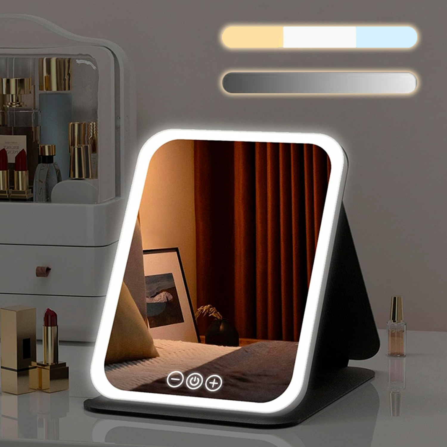 Espejo de maquillaje plegable, con luz led fría, normal y cálida. 5 niveles de intensidad.