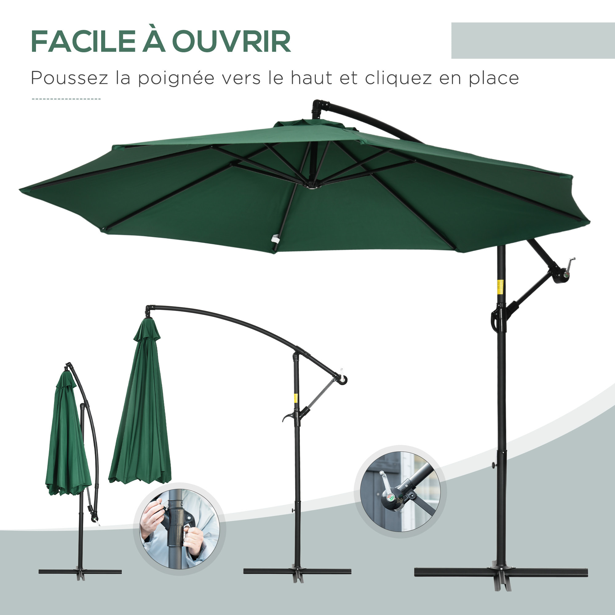 Parasol déporté octogonal inclinable pivotant manivelle pied acier Ø 2,9 x 2,4H m vert