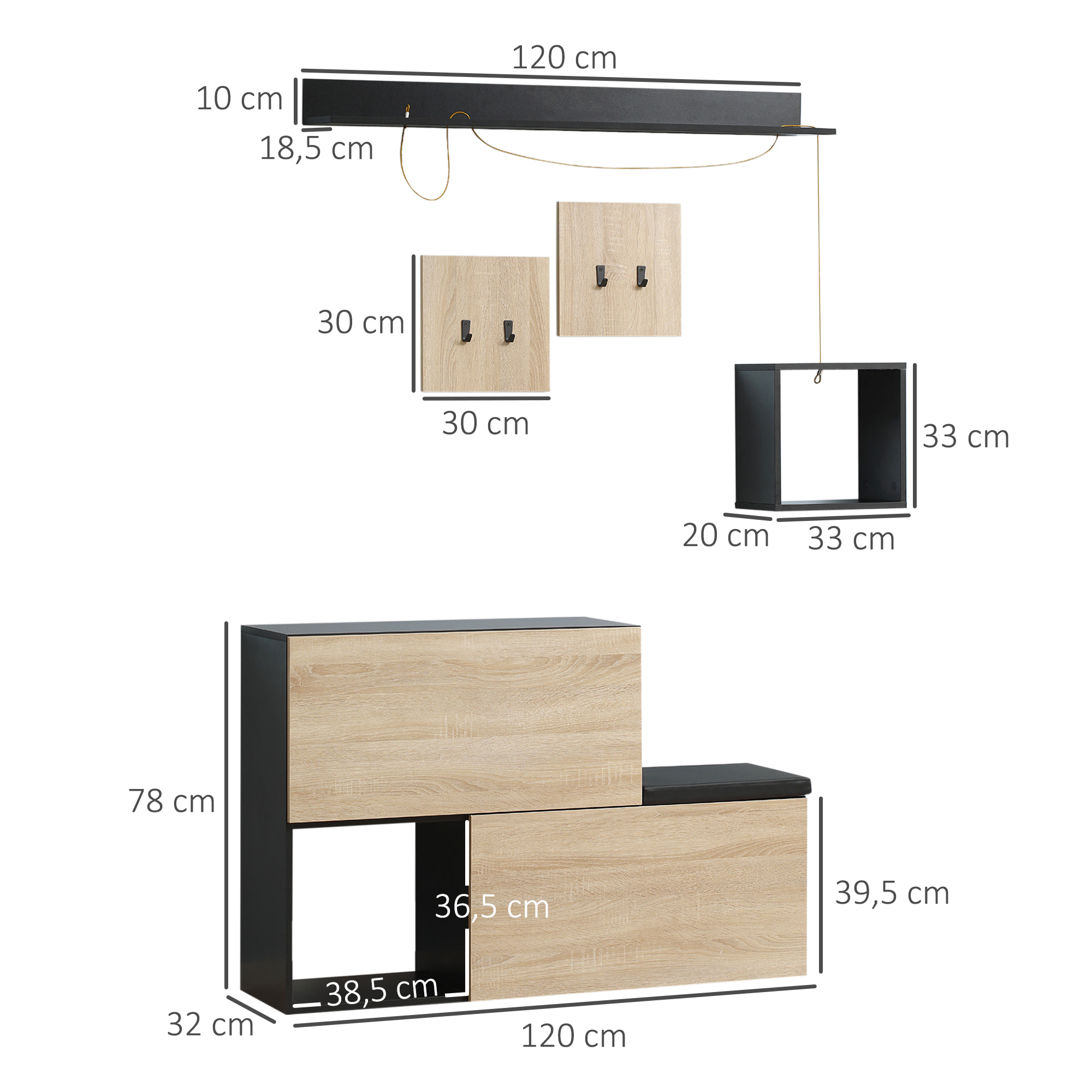 Ensemble de meubles d'entrée - organisateur d'entrée - meuble à chaussures banc 2 en 1, 4 patères, 2 étagères - noir aspect chêne clair