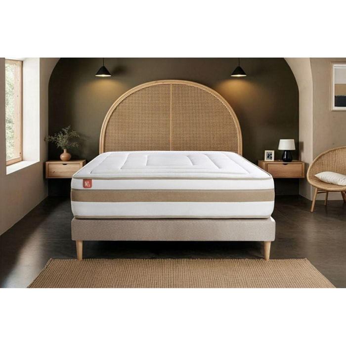Pack Matelas Le Raffiné - 26cm - Ressorts ensachés et mémoire de forme - Confort haut de gamme, impact réduit. - Sommier Tapissier Beige - Avec couette et oreillers