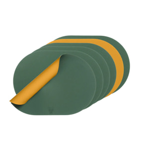 Set de table ovale réversible - 6 pièces - Cuir recyclé jaune moutarde et vert sapin
