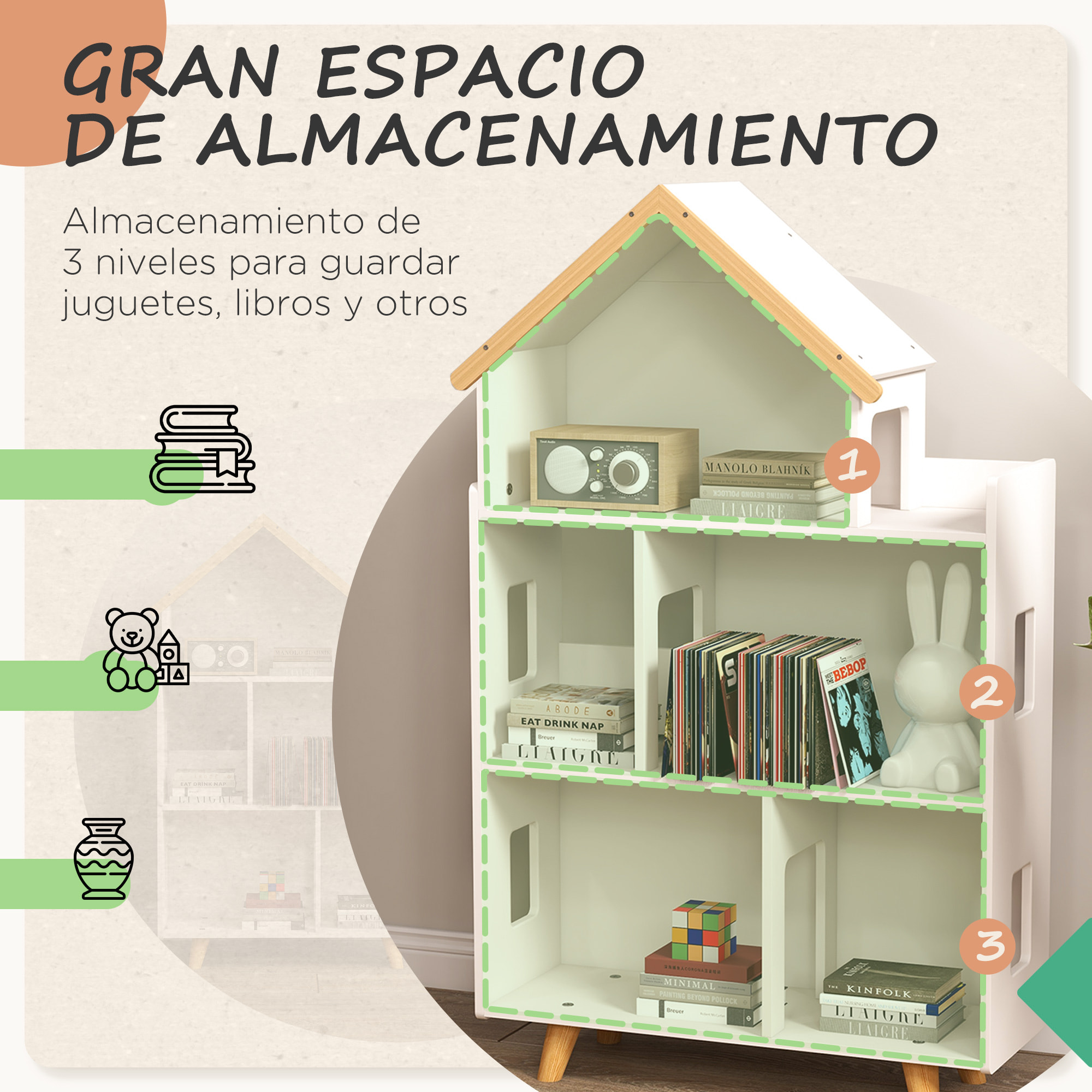 Estantería para Juguetes para Niños Organizador Infantil de 3 Niveles con 1 Techo Carga 50 kg para Sala de Juegos Habitación Guardería 65x25x108,5 cm Blanco