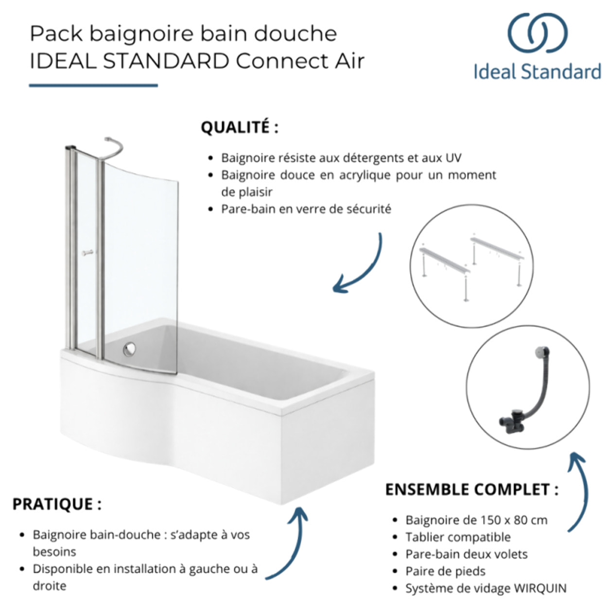 Pack baignoire bain douche 150 x 80 cm gauche Connect Air + tablier + pare bain avec volet  + pieds + vidage Chromé
