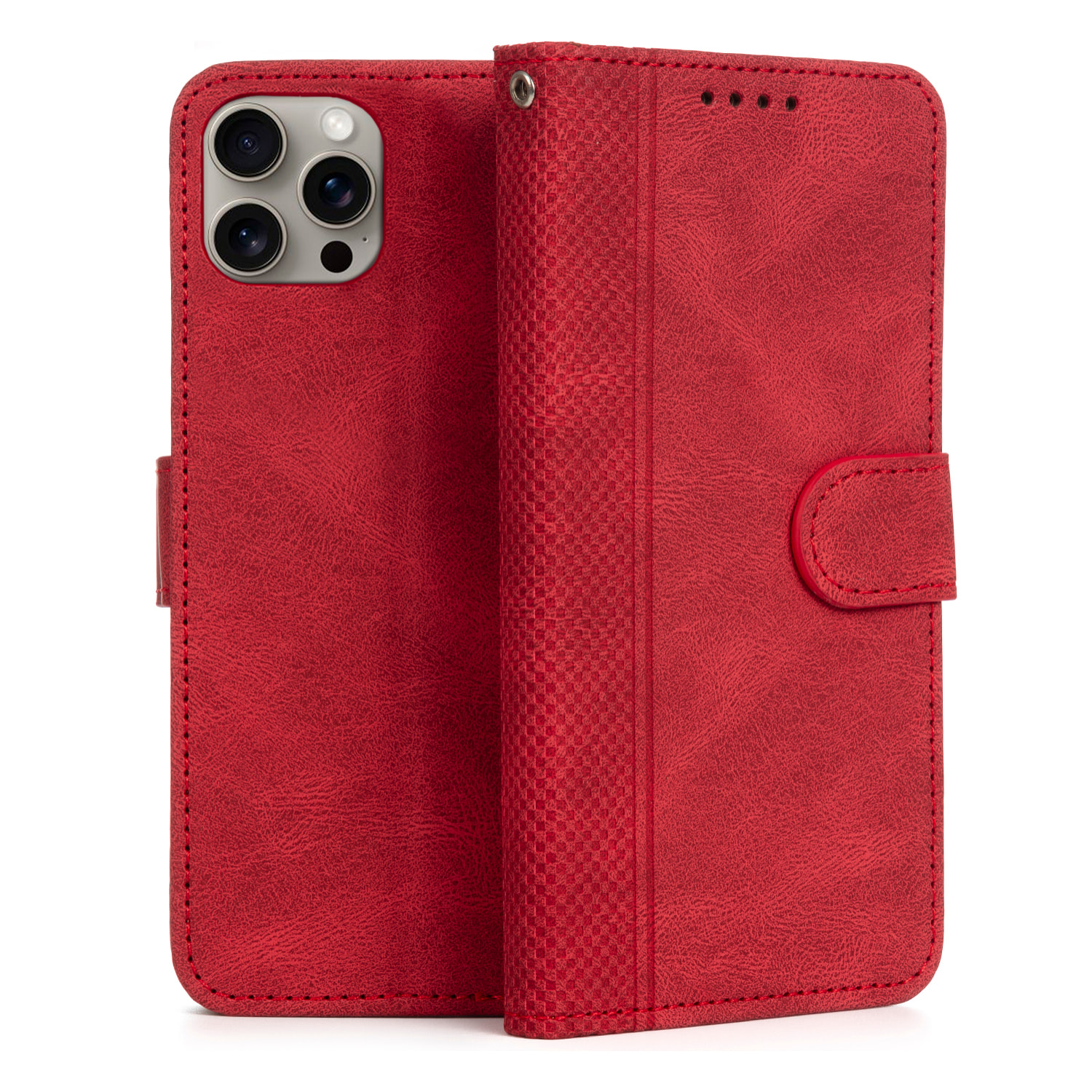 DAM Funda antigolpes tipo libro simil piel para iPhone 13 Pro. Tarjetero interior, muñequera extraíble. 7,9x1,65x15,35 Cm. Color: Granate