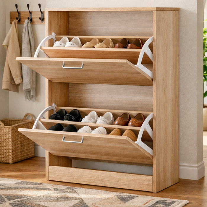 Scarpiera A 2 Ribalte Salvaspazio Con Doppia Profondità Mobile Portascarpe Per Ingresso Corridoio Contiene 12 Paia Di Scarpe 76 x 50 x 22 Cm Rovere