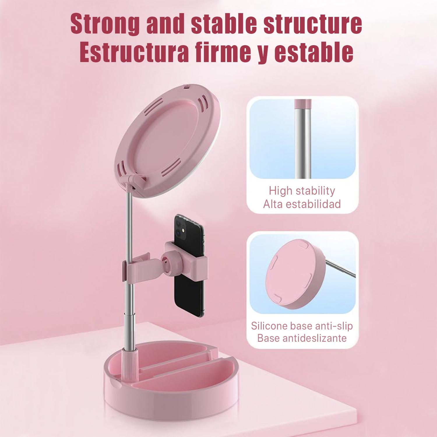 Anillo Luz LED estudio plegable extensible sobremesa con soporte smartphone. Espejo y caja para maquillaje