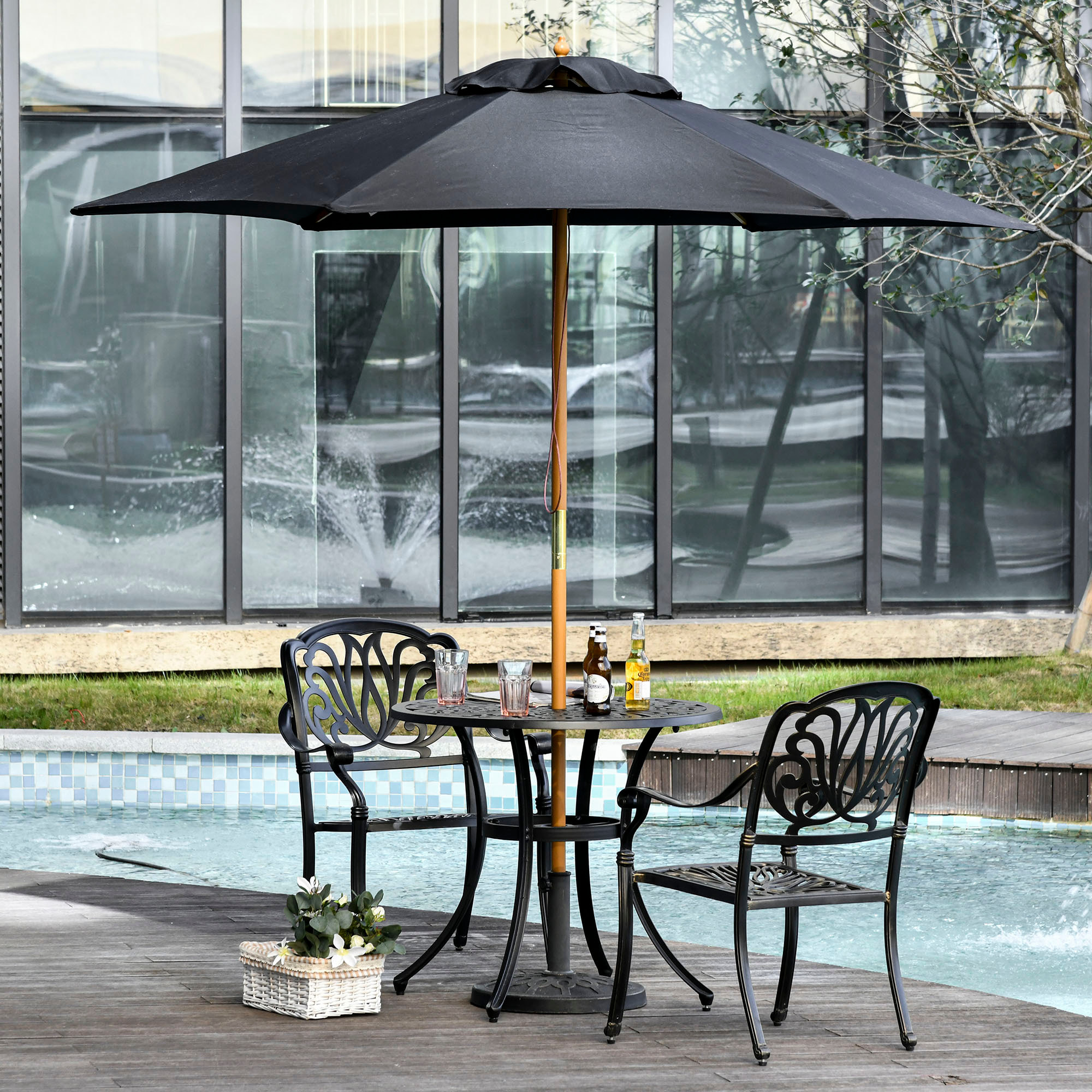 Sombrilla Parasol de Madera Ø250x230cm para Exterior con 6 Varillas Sistema de Cuerda con Fijación Desmontable Portátil Fácil de Guardar y Transportar Negro
