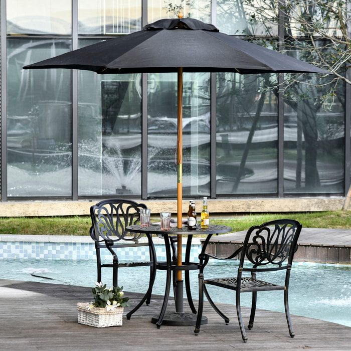 Sombrilla Parasol de Madera Ø250x230cm para Exterior con 6 Varillas Sistema de Cuerda con Fijación Desmontable Portátil Fácil de Guardar y Transportar Negro