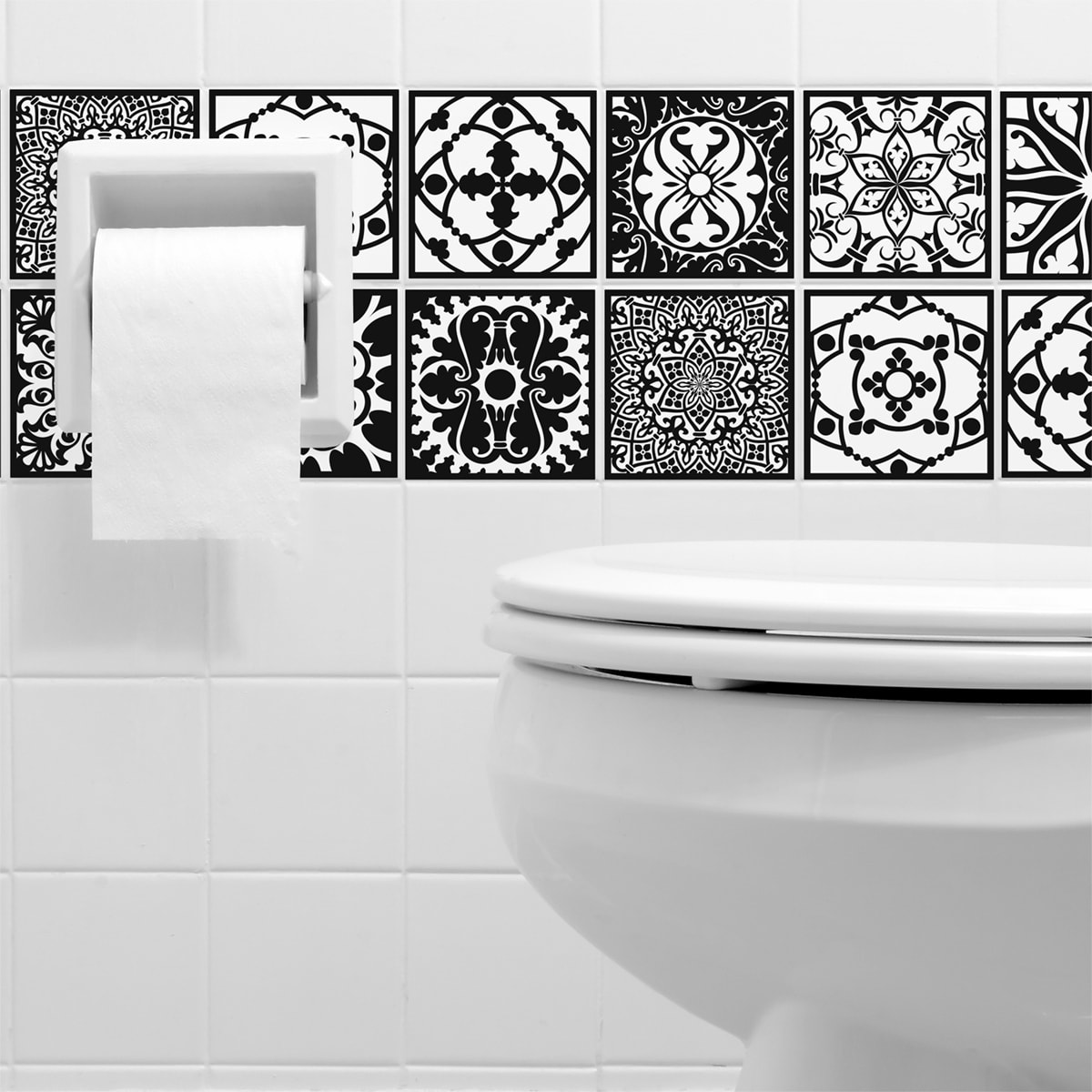 Stickers muraux - Sticker Mural Carrelage adhésif Cuisine Salle de Bain - 9 STICKERS CARRELAGES AZULEJOS BAROQUE NUANCE BLANC ET NOIR