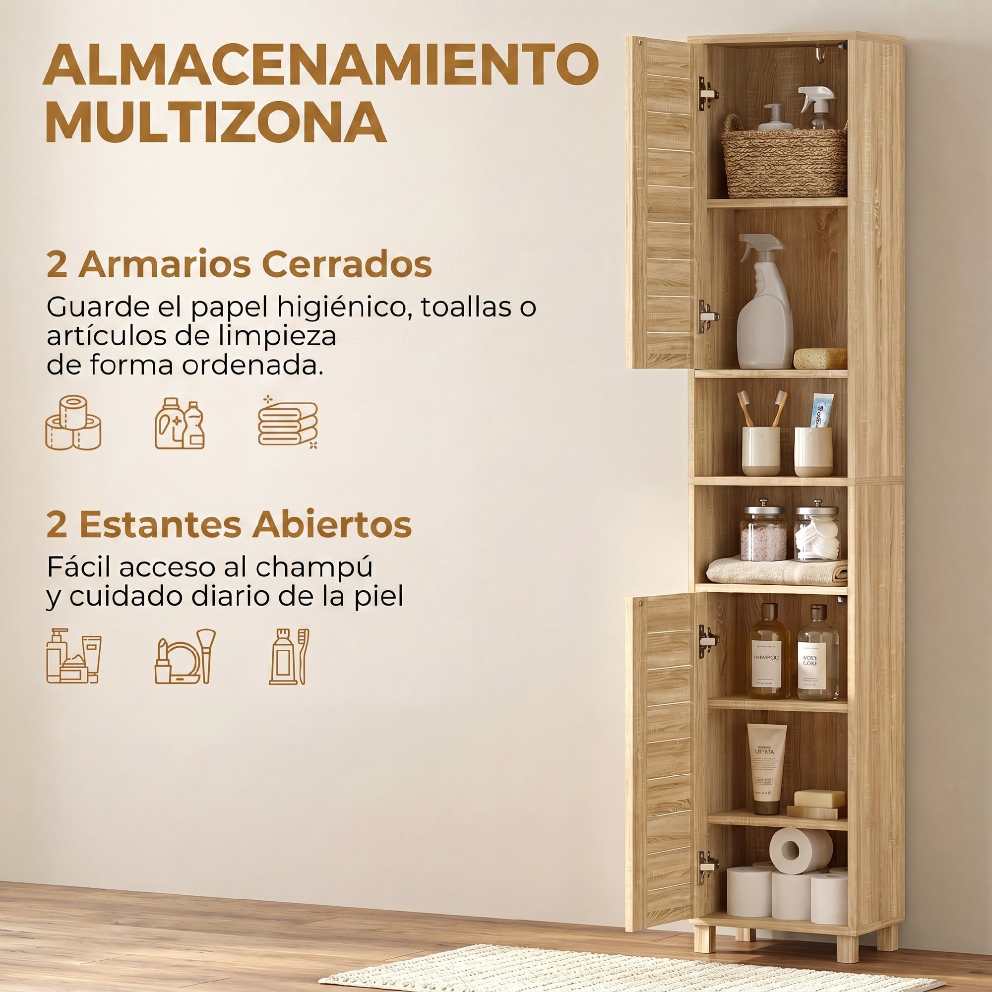 Armario de Baño Alto, Mueble Auxiliar de Baño Estrecho con Estantes Ajustables, Puertas de Lamas Apertura por Presión, Estantes Abiertos, para Espacios Pequeños, 34x23x170 cm, Natural