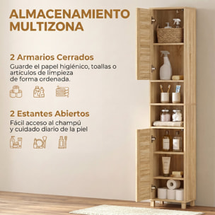 Armario de Baño Alto, Mueble Auxiliar de Baño Estrecho con Estantes Ajustables, Puertas de Lamas Apertura por Presión, Estantes Abiertos, para Espacios Pequeños, 34x23x170 cm, Natural