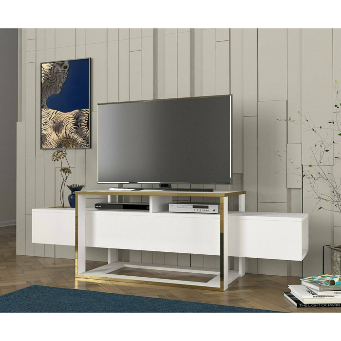 Mobile porta TV Jo, Credenza da soggiorno, Armadio basso per TV, Base parete attrezzata, 160x46h50 cm, Bianco e Oro