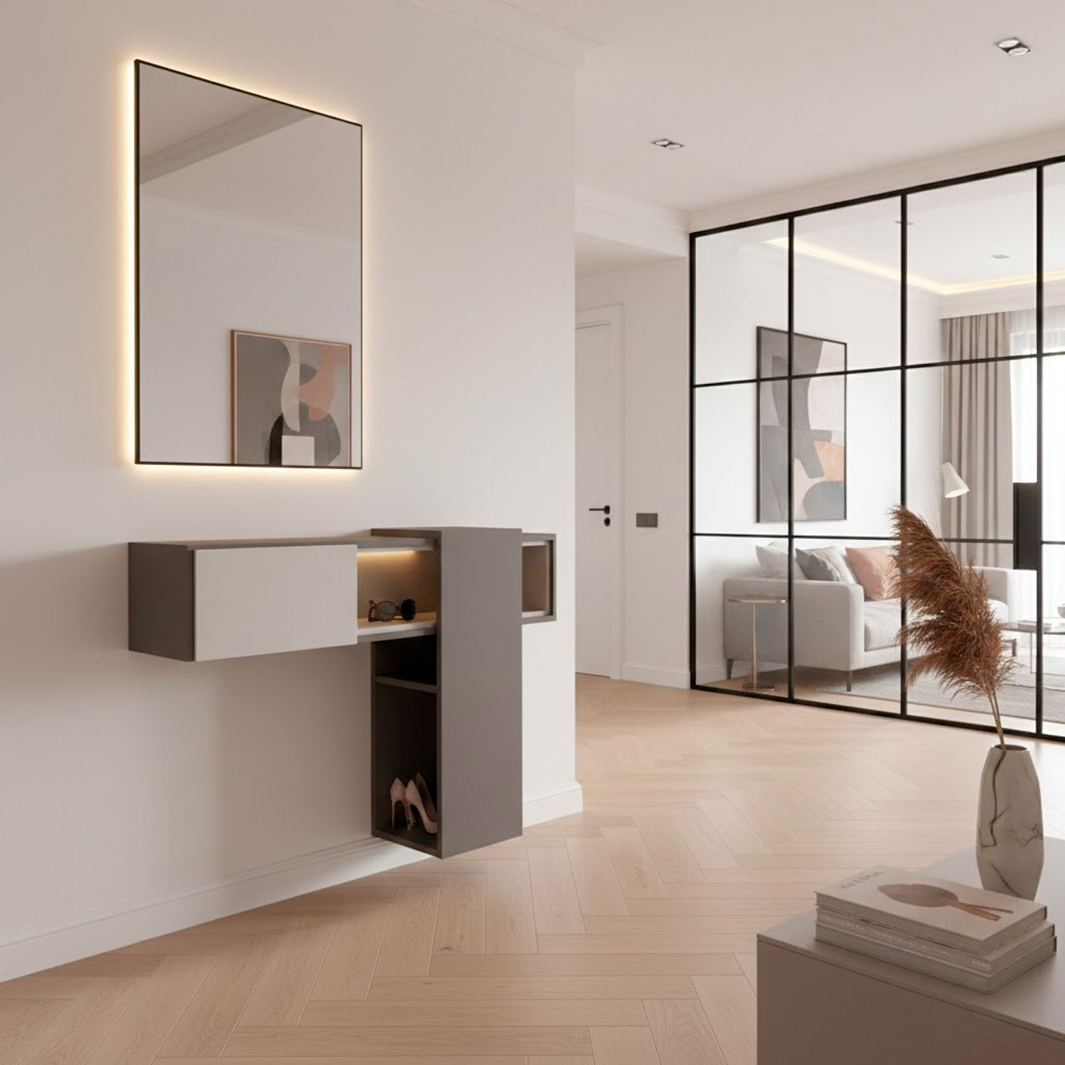 Mobile Danzica Mobiletto da Ingresso Mensola Sospesa con Specchio E Ripiani Scorrevole Arredo 100 x 31.5 x 75 cm Grigio Scuro E Grigio Chiaro