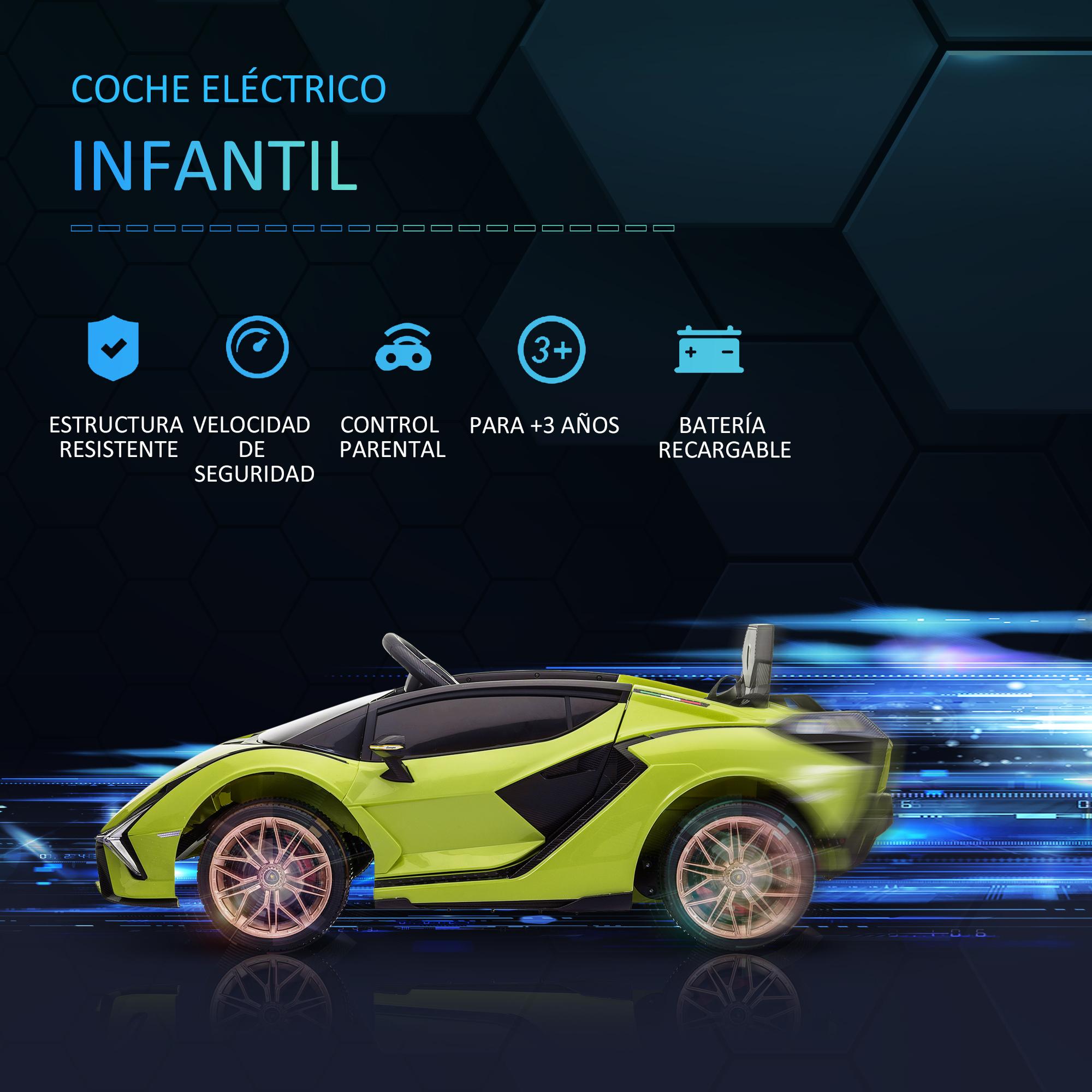 Coche Eléctrico Lamborghini SIAN 12V para Niños de +3 Años con Mando a Distancia Apertura de Puerta Música MP3 USB y Faros 3-5 km/h 108x62x40 cm Verde