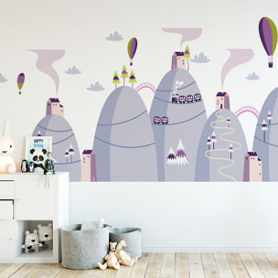 Stickers muraux enfants - Décoration chambre bébé - Autocollant Sticker mural géant enfant montagnes scandinaves MONTGOLFIÈRES LIBRES DANS L'AIR