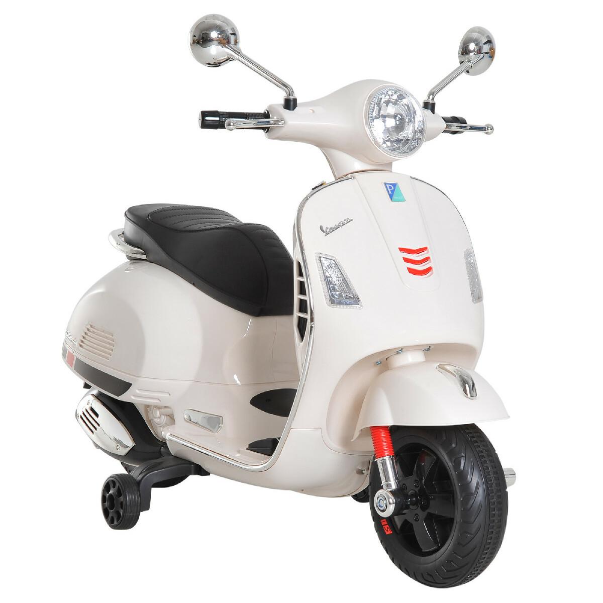 Scooter moto électrique enfants 6 V dim. 102L x 51l x 76H cm musique MP3 port USB klaxon phare feu AR blanc Vespa