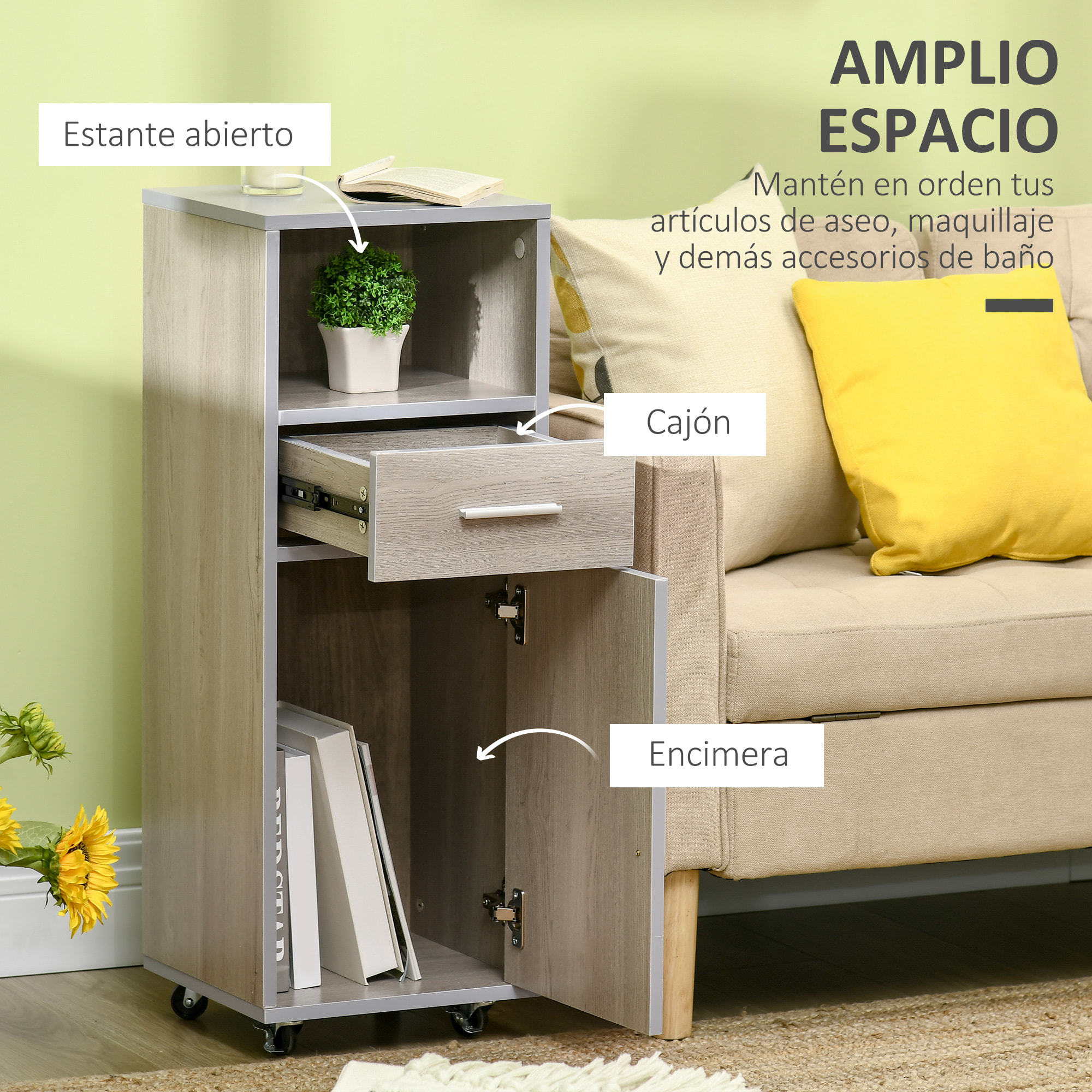 kleankin Armario de Baño con 1 Cajón 1 Puerta y Estante Abierto Mueble Auxiliar de Almacenaje con Ruedas para Salón Cocina Dormitorio Antivuelco 30x32x87 cm Gris