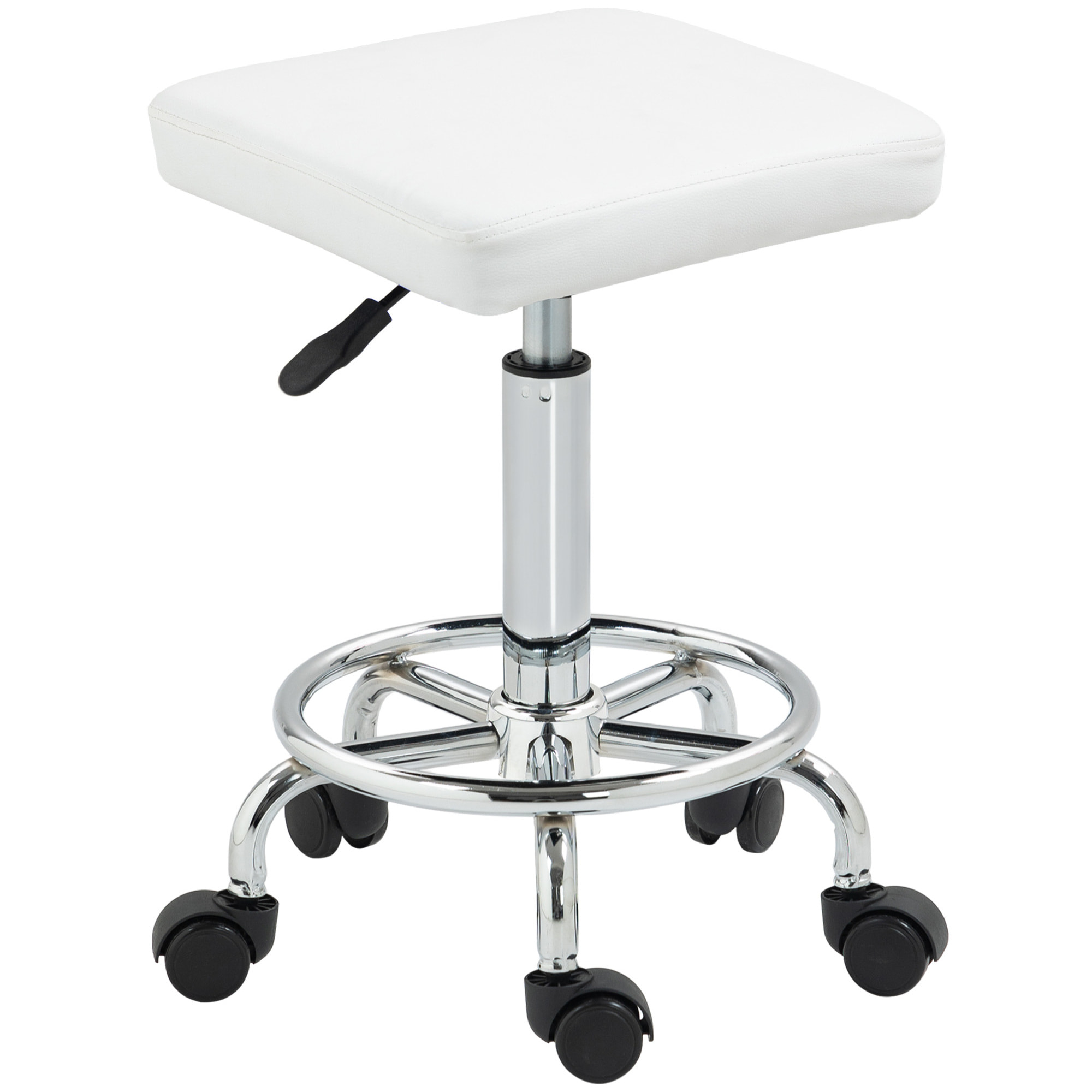 Taburete Giratorio Taburete con Ruedas Altura Regulable 50-66 cm Asiento Tapizado de Cuero Sintético Reposapiés para Salones y Talleres Blanco