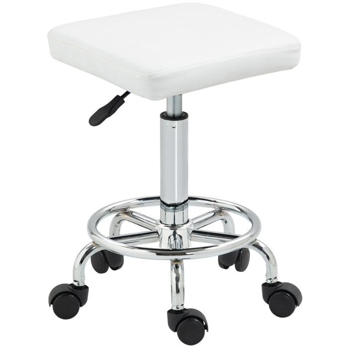 Taburete Giratorio Taburete con Ruedas Altura Regulable 50-66 cm Asiento Tapizado de Cuero Sintético Reposapiés para Salones y Talleres Blanco