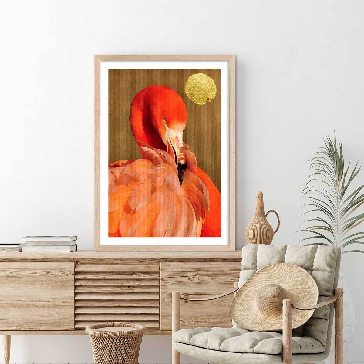 Affiche animaux flamingo et soleil d'or Affiche + cadre en bois - Chêne