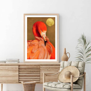 Affiche animaux flamingo et soleil d'or Affiche + cadre en bois - Chêne